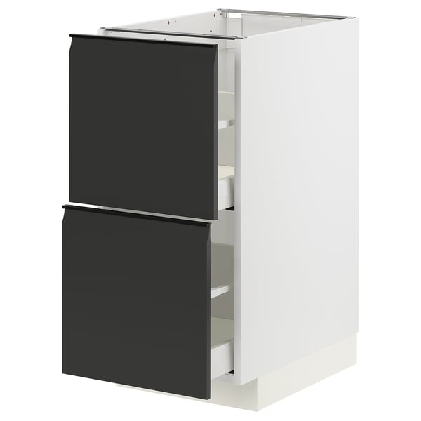 Meuble de cuisine METOD avec tiroirs upplöv noir mat, base blanche, design vertical.