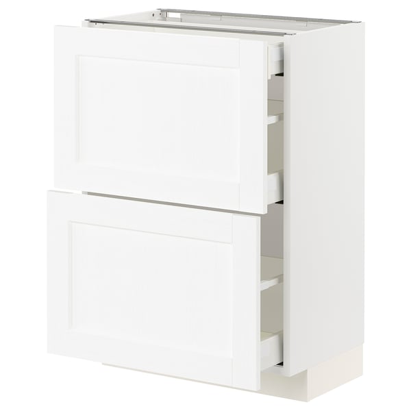 Armoire de cuisine METOD blanche avec tiroirs et portes ouverts.
