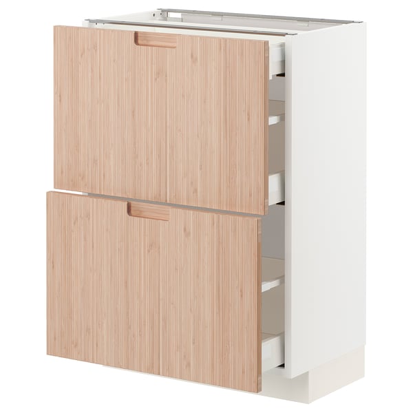 Armoire Ikea METOD blanche avec 2 tiroirs et porte en bambou.