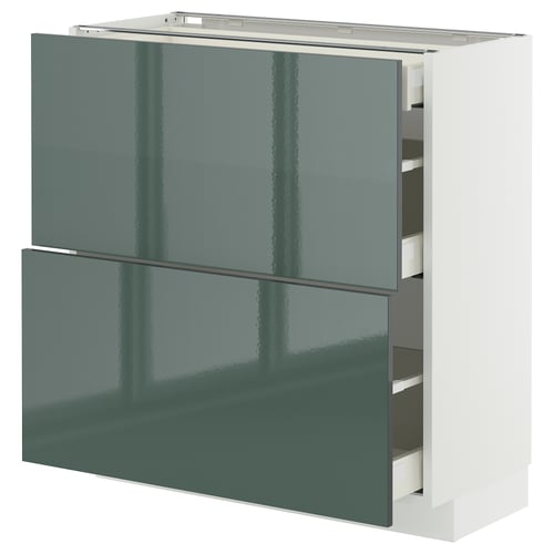 Armoire de cuisine METOD vert-gris brillant avec quatre tiroirs blancs, design élégant et moderne.