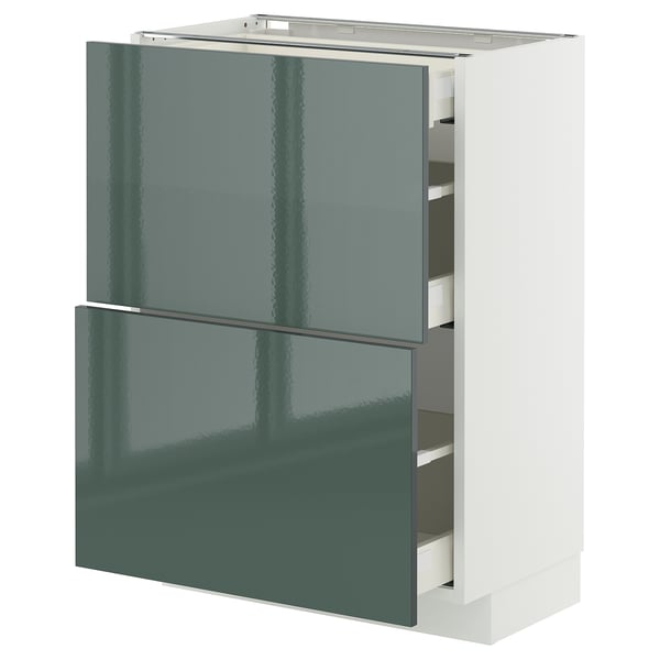 Armoire de cuisine moderne gris-vert brillant avec tiroirs lisses.