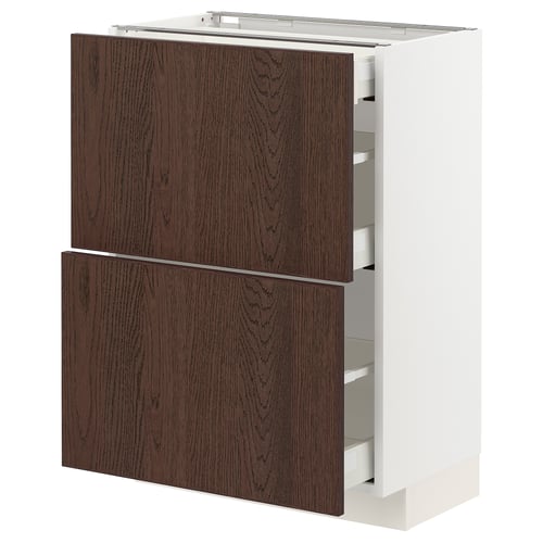 Unité de cuisine METOD moderne blanc avec tiroirs en bois sinarp brun foncé. Deux grands tiroirs, élégants et fonctionnels, finis avec une garantie de 25 ans.