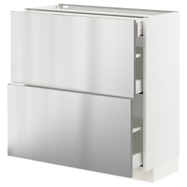 Armoire de cuisine moderne en acier inoxydable, design élégant avec deux tiroirs ouverts.