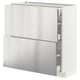 Armoire de cuisine moderne en acier inoxydable, design élégant avec deux tiroirs ouverts.