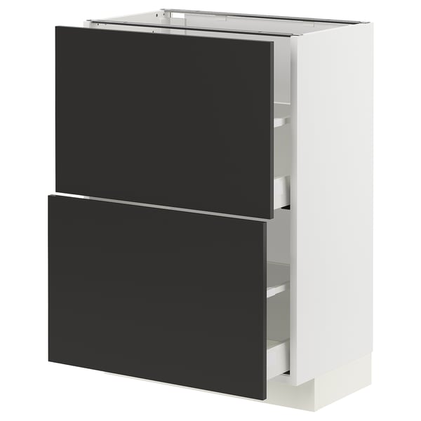 Unité de cuisine METOD blanche avec tiroirs noirs, design moderne et épuré.