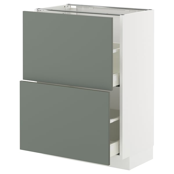 Armoire de cuisine moderne avec des panneaux frontaux élégants en nickebo gris-vert. Tiroirs métalliques, conception robuste.