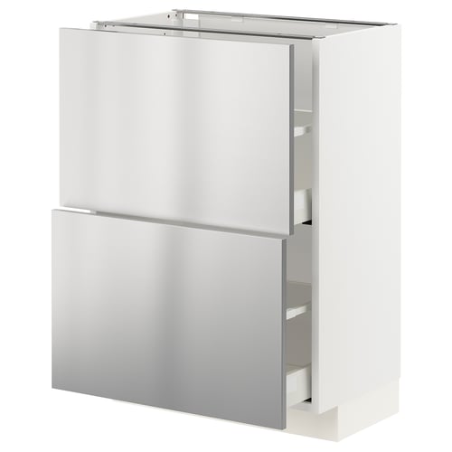 Armoire METOD blanche avec tiroirs incolores en acier inoxydable.