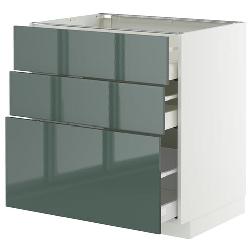 Armoire de cuisine METOD gris-vert brillant avec plusieurs tiroirs.