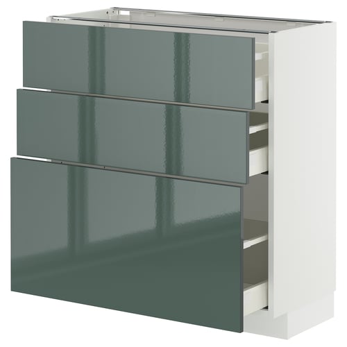 Un ensemble d’armoires de cuisine moderne nommé METOD avec des façades en kallarp gris-vert brillant avec plusieurs tiroirs.