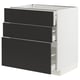 Armoire de cuisine METOD moderne noire avec trois tiroirs ouverts.