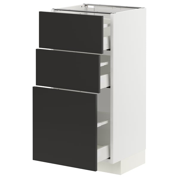 Armoire de cuisine blanche moderne avec trois tiroirs noirs, design élégant et minimaliste.