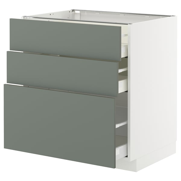 Armoire de cuisine moderne avec 3 tiroirs gris-vert.