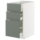 Une armoire METOD blanche avec trois tiroirs gris-vert. Il a un design moderne et minimaliste.
