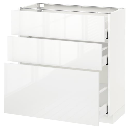 Cette image représente une armoire de cuisine METOD blanche brillante avec plusieurs tiroirs. C’est un design moderne pour le stockage.