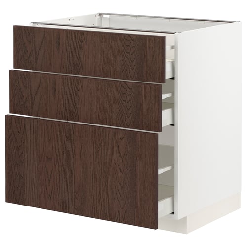 Armoire de cuisine moderne en veines de bois brun foncé avec trois tiroirs et cadre blanc.