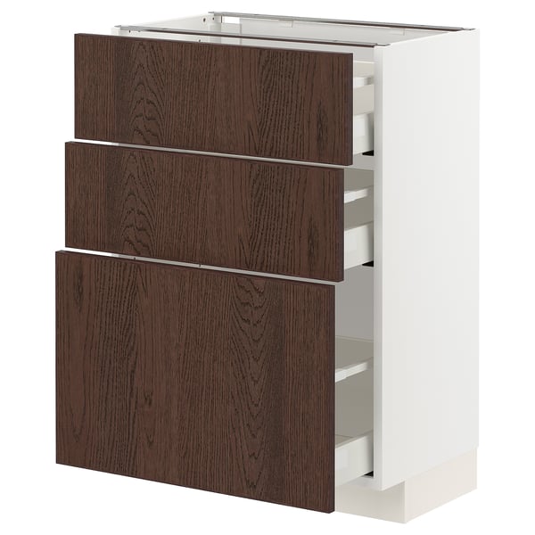 Unité de cuisine METOD, blanche avec tiroirs en bois marron, trois étagères.