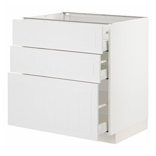Armoire de cuisine METOD blanche avec trois tiroirs, design moderne.