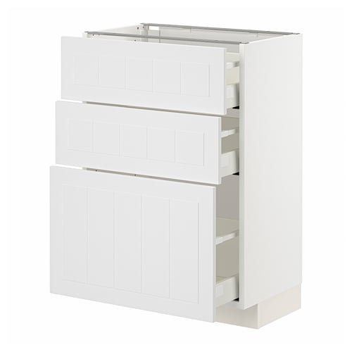 Représente une armoire de cuisine METOD blanche avec trois tiroirs et une étagère. Il s’agit d’un design moderne et est fabriqué en panneaux de particules, en panneaux de fibres et en acier.