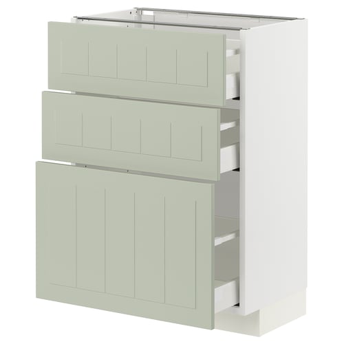Un meuble de cuisine METOD vert avec trois tiroirs et une armoire, un cadre blanc, un design épuré, un matériau durable.