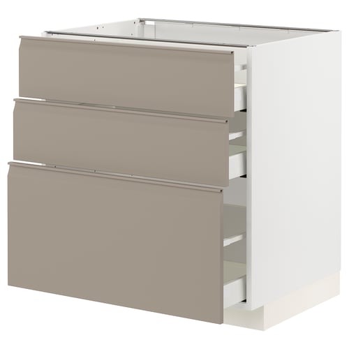 Armoire de cuisine moderne METOD avec 3 tiroirs upplov en gris-beige, poignées métalliques.