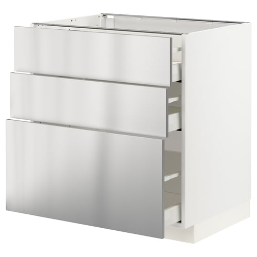 Unité de cuisine ikea METOD en acier inoxydable avec plusieurs tiroirs pour le rangement.