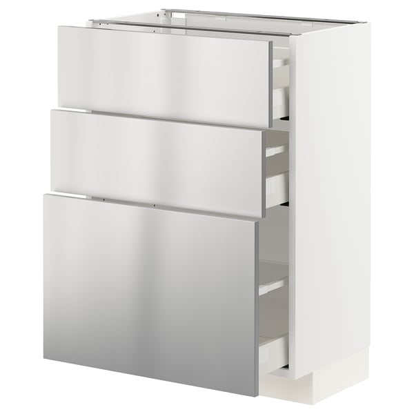 Une armoire de cuisine ikea METOD blanche avec des tiroirs en acier inoxydable. Il se tient debout, doté de trois grands tiroirs et d’un design élégant et moderne.