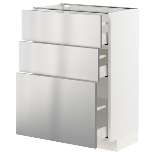 Une armoire de cuisine ikea METOD blanche avec des tiroirs en acier inoxydable. Il se tient debout, doté de trois grands tiroirs et d’un design élégant et moderne.