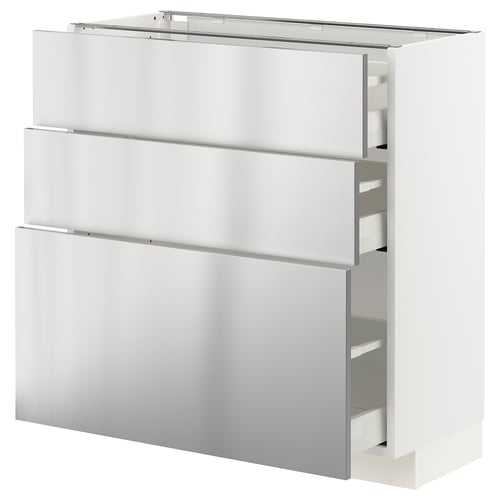 Représente un meuble de cuisine METOD en blanc avec des poignées en acier inoxydable et un design moderne.