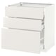 Un meuble de cuisine METOD blanc avec trois tiroirs. L’armoire est un design élégant et moderne avec des surfaces lisses et des lignes épurées.