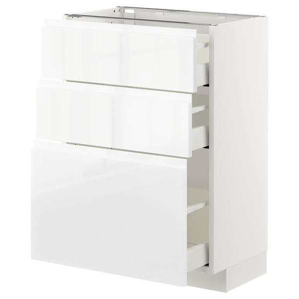 Armoire de cuisine blanche moderne avec finition brillante, dotée de trois tiroirs coulissants et d’un design élégant sans poignée pour un look contemporain.