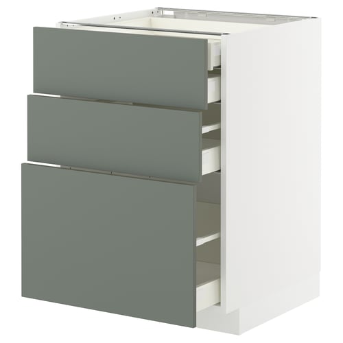 Unité de cuisine moderne avec tiroirs METOD gris-vert et base blanche, design élégant.
