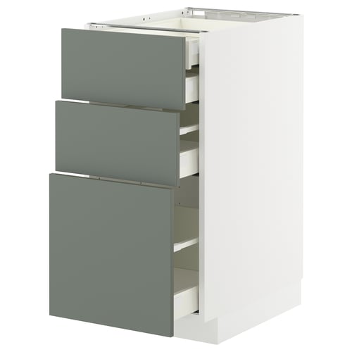 Unité de cuisine moderne gris-vert avec trois tiroirs, design élégant, matériau durable.