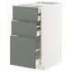 Unité de cuisine moderne gris-vert avec trois tiroirs, design élégant, matériau durable.