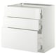 Ensemble d’armoires de cuisine blanc brillant avec trois tiroirs et un grand tiroir partiellement retiré. Design moderne et épuré.