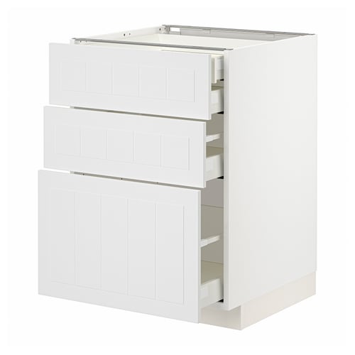 Armoire de cuisine METOD blanche avec trois tiroirs à fermeture amortie.