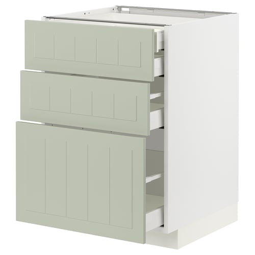 Meuble de cuisine METOD en vert avec trois tiroirs, cadre blanc.