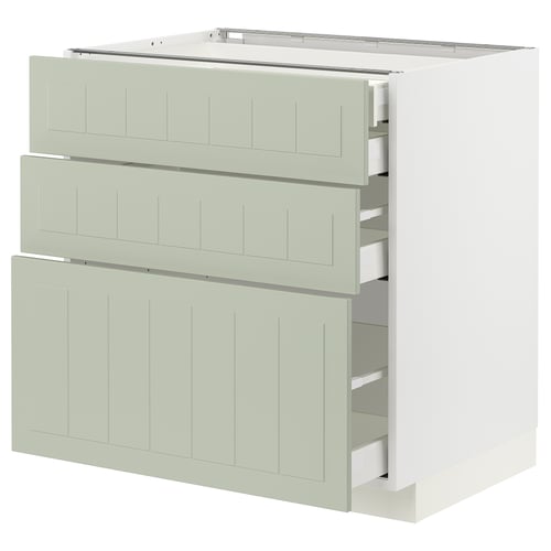 Une armoire de cuisine METOD vert clair avec trois façades de tiroirs lisses et un design élégant et artisanal.