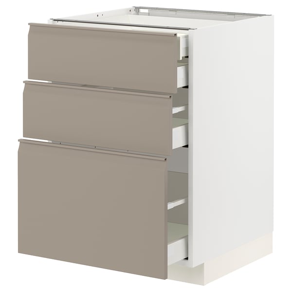 Armoire de cuisine moderne, ligne METOD, en beige avec trois tiroirs, design minimaliste, poignées intégrées.