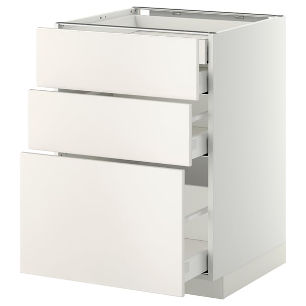 Unité de cuisine METOD blanche avec trois tiroirs, design épuré.