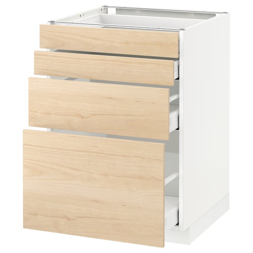 Armoire METOD blanche avec trois tiroirs en bois de frêne, design moderne.