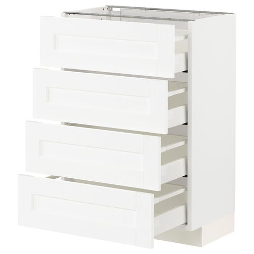 Meuble de cuisine METOD en blanc avec quatre tiroirs ouverts, design moderne et élégant.