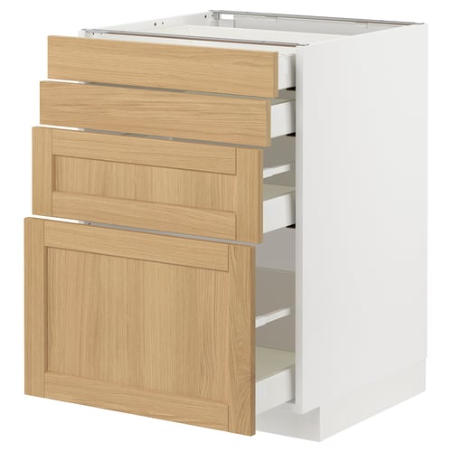 Armoire de cuisine METOD avec tiroirs en placage de chêne et base blanche, trois tiroirs, finitions discrètes, aspect rustique.