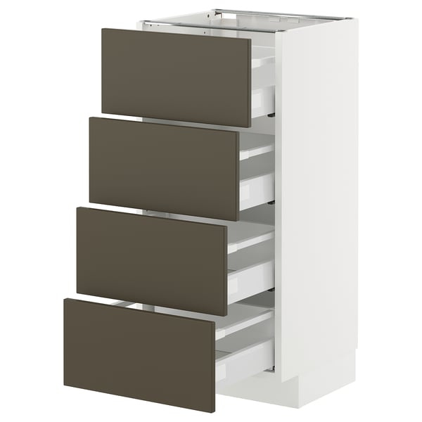Une armoire de rangement METOD blanche avec quatre tiroirs gris, conçue pour l’organisation de la cuisine.