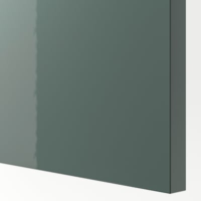 Armoire de cuisine gris-vert brillant, lisse, moderne, avec une construction robuste et une finition élégante.