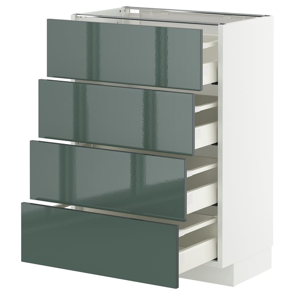 Unité de cuisine moderne gris-vert avec quatre tiroirs. Façades brillantes, design élégant.