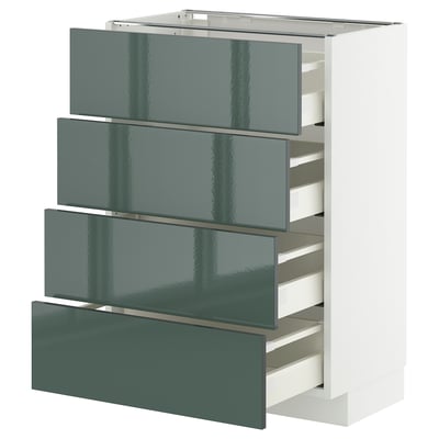 Unité de cuisine moderne gris-vert avec quatre tiroirs. Façades brillantes, design élégant.