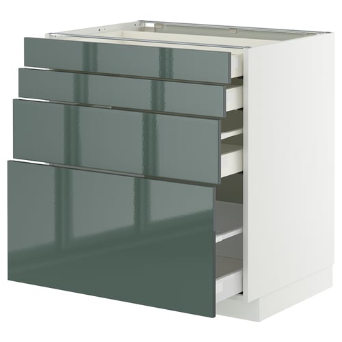 Armoire de cuisine moderne, METOD. Tiroirs en kallarp gris-vert brillant. Apprêt cadre en panneaux de particules, glissières métalliques. Design carré et épuré.
