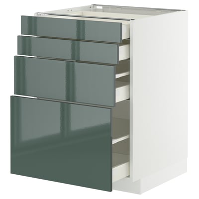Armoire de cuisine METOD avec quatre tiroirs brillants gris-vert, design moderne et élégant.