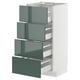 Meuble de cuisine METOD gris-vert brillant avec quatre tiroirs ouverts. Design moderne et vertical avec cadre blanc et glissières en métal.
