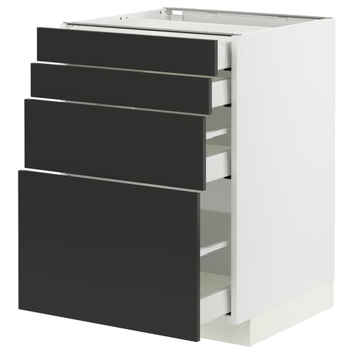 Meuble de cuisine moderne ikea METOD blanc avec quatre tiroirs noirs. Design élégant, rectangulaire et contemporain avec tiroirs à fermeture douce.